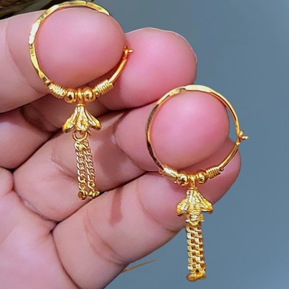 22k Real Dubai Gold Plated Hoop Jhumka Earrings / Small Hoop Earrings Gold NWT - Picture 4 of 4